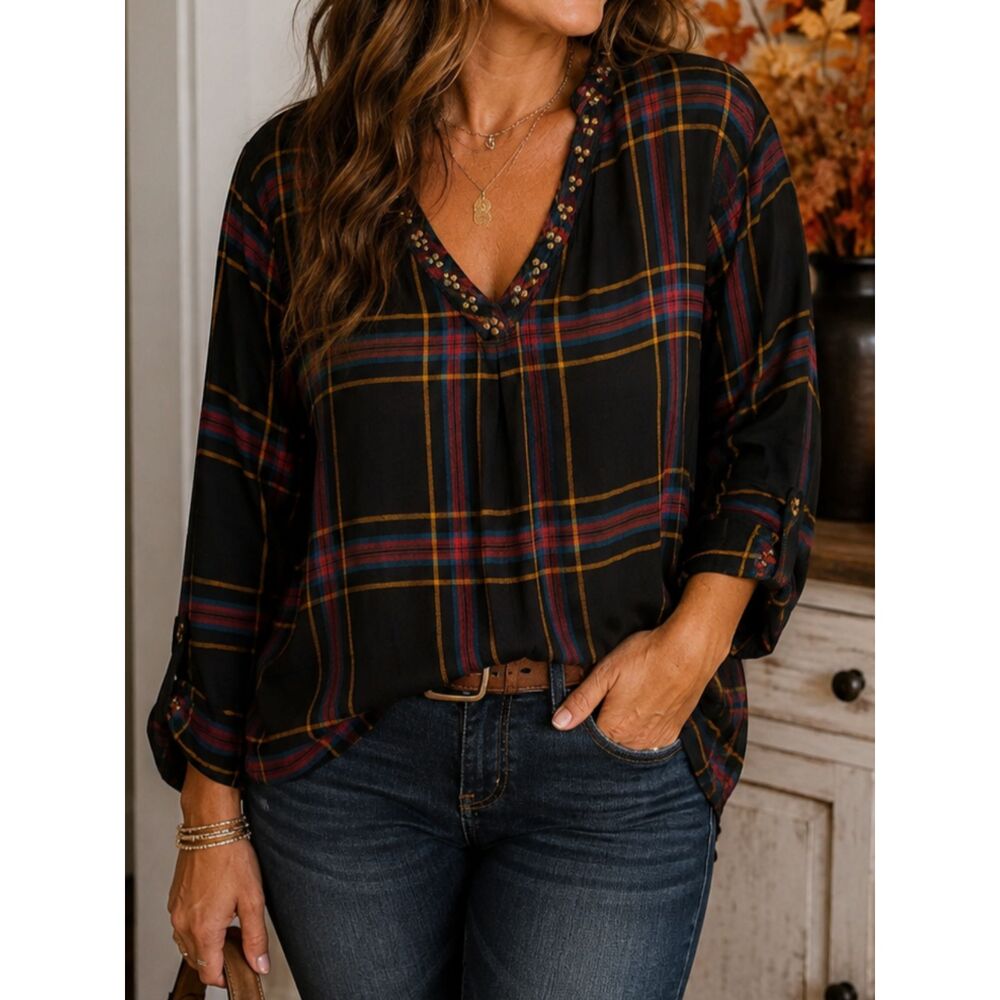 Avenue 14/16 Plaid Embellished V Neck Tunic Blouse Rayon Boho Fall Top